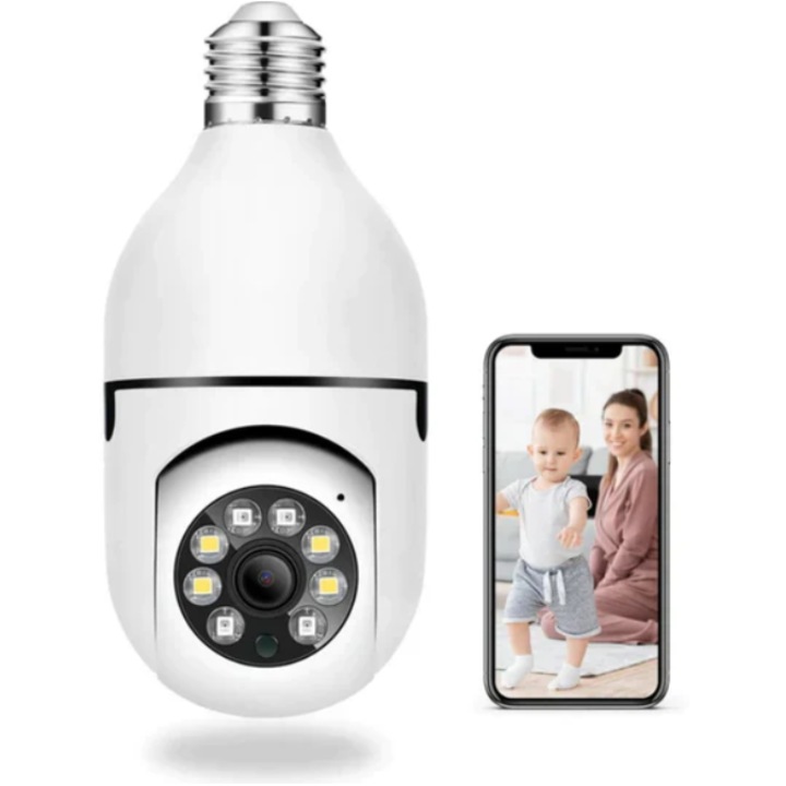 Lotfi izzókamera, WI-FI, HD, Smart-izzó, mozgásérzékelővel és telefonalkalmazással, E27, panoráma, 360°, 1920*1080P, MicroSD port, éjjellátó, könnyen összeszerelhető, fehér színű