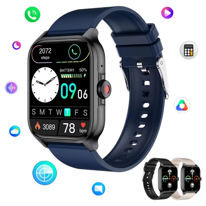 Мъжки смарт часовник Lommad, Full HD сензорен дисплей, 1.85", водоустойчив екран, bluetooth, гласов асистент, известия, наблюдение на физическата активност, здраве, сън, пулс, оксиметър, крачкомер, син