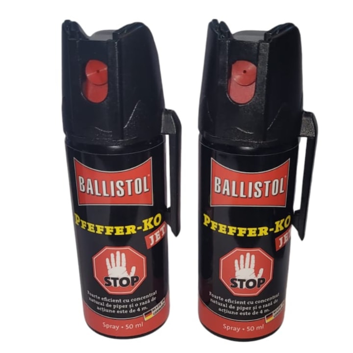 Set spray Ballistol autoaparare cu piper, jet, iritant si lacrimogen, pentru protectie impotriva oamenilor sau a cainilor, 50 ml, raza de actiune 4 m, 2 bucati
