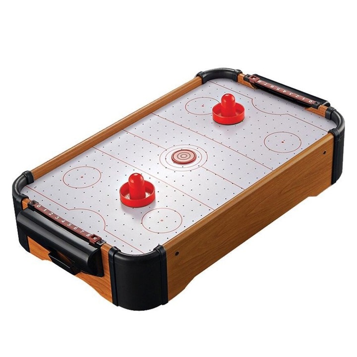 Masa Air-Hockey, OPTIM SOLUTION, 51 x 31.5 x 9.5 cm, Bara pentru Punctaj, ABS, Adauga Extra Reguli, Distractiv si Interactiv, Maro