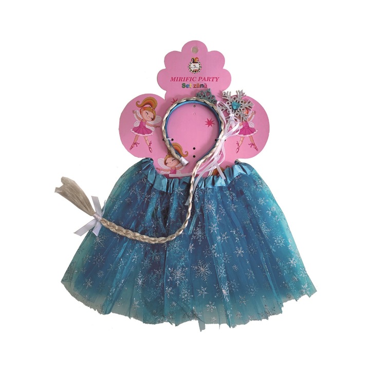 Set 3 piese printesa albastru, argintiu, cu sclipici, Elsa, talie 20 cm, lungime 30 cm, PPQT9397