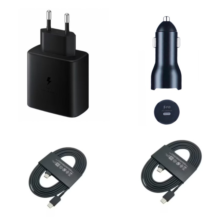 Kit Incarcator USB-C 45W Fast Charger, 2 Cablu date USB-C-C 5A, 1, 8M, incarcator auto USB-C-C 45W, Compatibil cu S24, S3, S22 QUANDES®