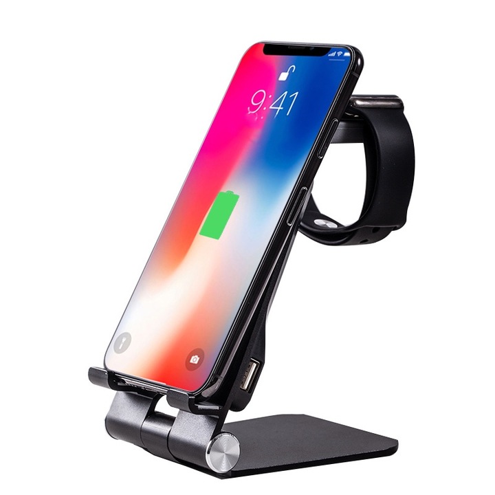 Stand dublu de incarcare wireless de birou Loowoko™ S19 Pro, telefon plus ceas smartwatch Apple sau universal, pliabil, 10W FastCharge, din aluminiu, racire, extra USB iesire, compatibil Samsung, Apple, Huawei, Sony, Nokia, Xiaomi, Lenovo, Oppo, Negru