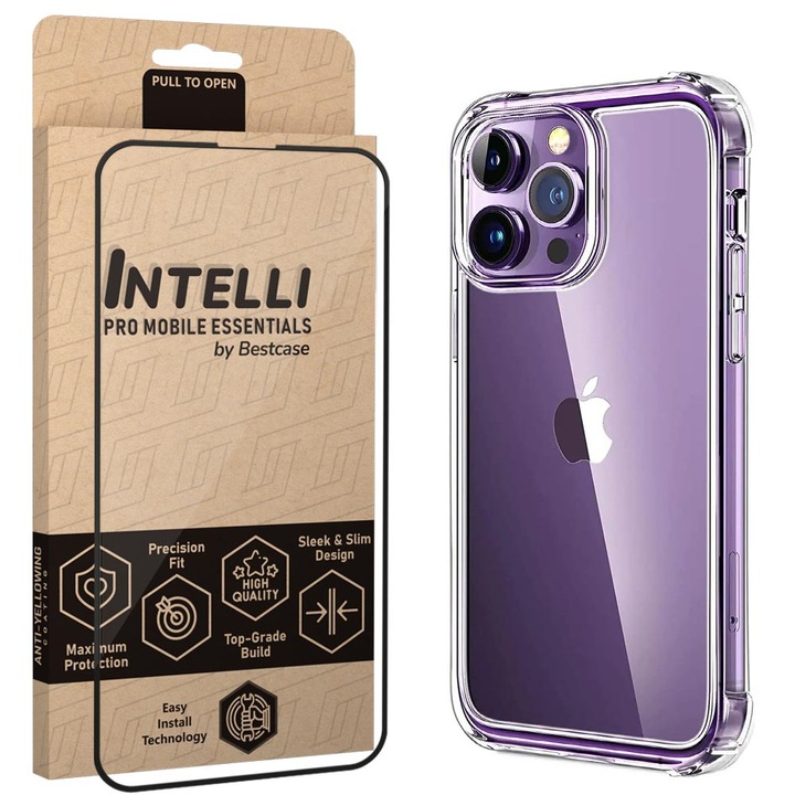 Комплект Intelli® Калъф и Фолио Full Face за Apple iPhone 14 Pro Max, Anti Shock 1.5мм, 360 Защита гръб + екран, Подсилени ъгли, Прозрачен