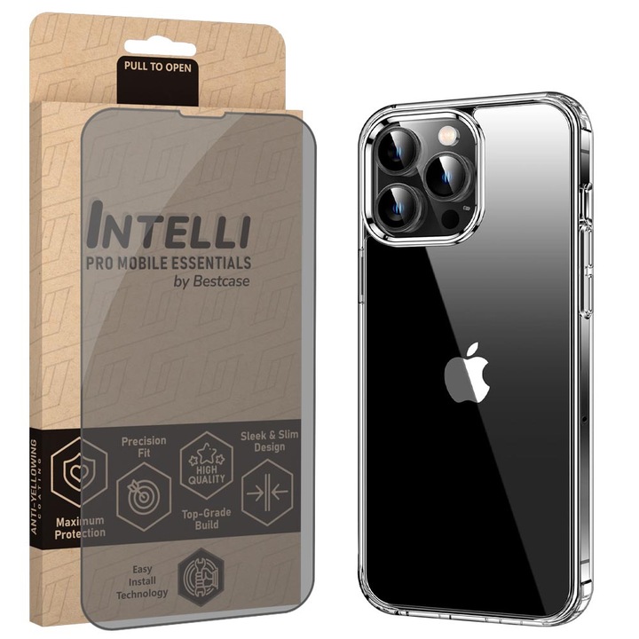 Intelli® Комплект Калъф и Фолио Privacy за Apple iPhone 15 Pro Max, Прозрачен Силикон 2ММ, Противошоков, 360 Защита гръб + екран, Прозрачен
