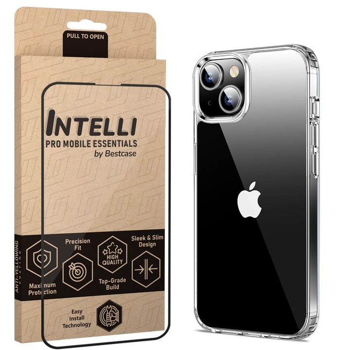 Intelli® Комплект Калъф и Фолио Full Face за Apple iPhone 15, Прозрачен Силикон 2MM, Противоударен, 360 Защита гръб + екран, Прозрачен