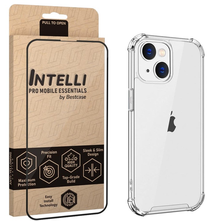 Intelli® Set Husa si Folie Full Face pentru Apple iPhone 13, Anti Shock 1.5mm, Protectie 360 spate + ecran, Colturi intarite, Transparent