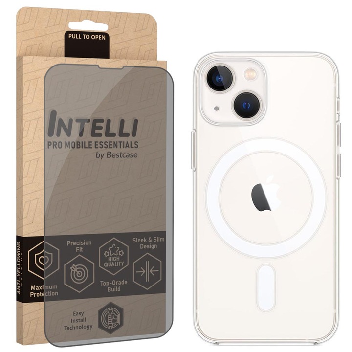 Intelli® Set Husa si Folie Privacy pentru Apple iPhone 13 Mini, MagSafe Anti-Shock, Protectie 360 spate + ecran, Colturi intarite, Transparent