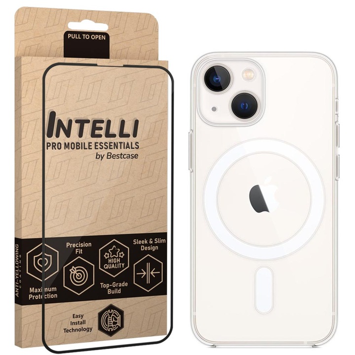 Intelli® Set Husa si Folie Full Face pentru Apple iPhone 13, MagSafe Anti-Shock, Protectie 360 spate + ecran, Colturi intarite, Transparent