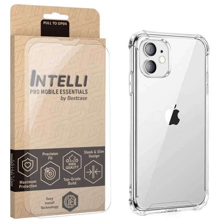 Intelli® Set Husa si 2x Folie sticla pentru Apple iPhone 12 Mini, Anti Shock 1.5mm, Protectie 360 spate + ecran, Colturi intarite, Transparent