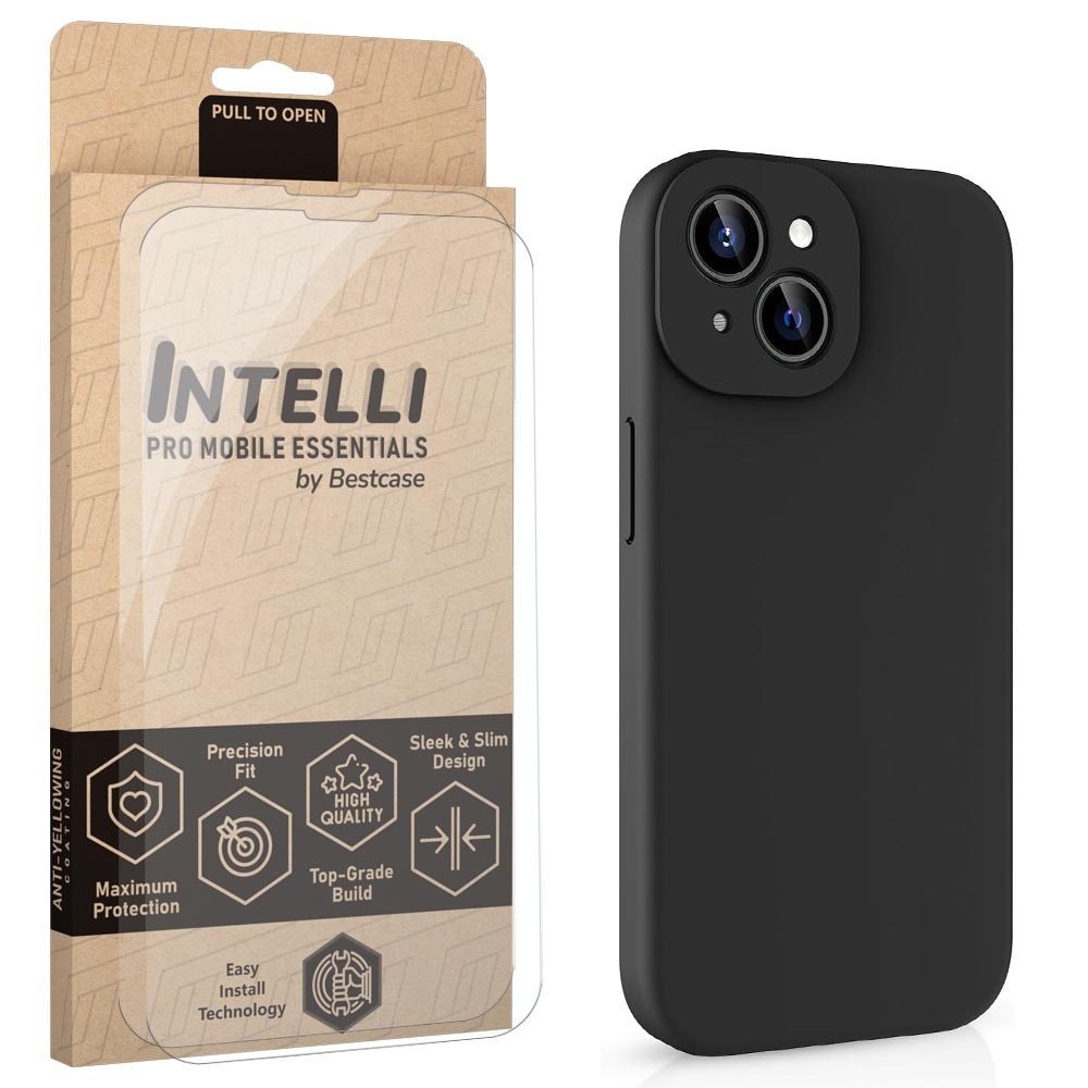 Intelli® Set Husa si 2x Folie sticla pentru Apple iPhone 13, Slim TPU Silicon, Antisoc, Protectie 360 spate + ecran, Negru mat