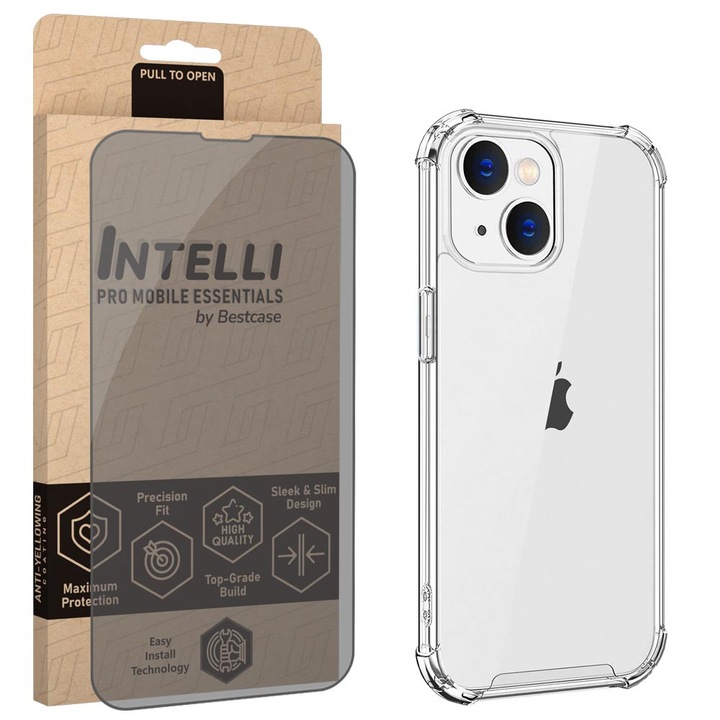 Intelli® Husa és Privacy fólia szett Apple iPhone 13 Mini készülékhez, ütésálló 1.5mm, 360°-os hátlap + képernyővédelem, megerősített sarkok, átlátszó