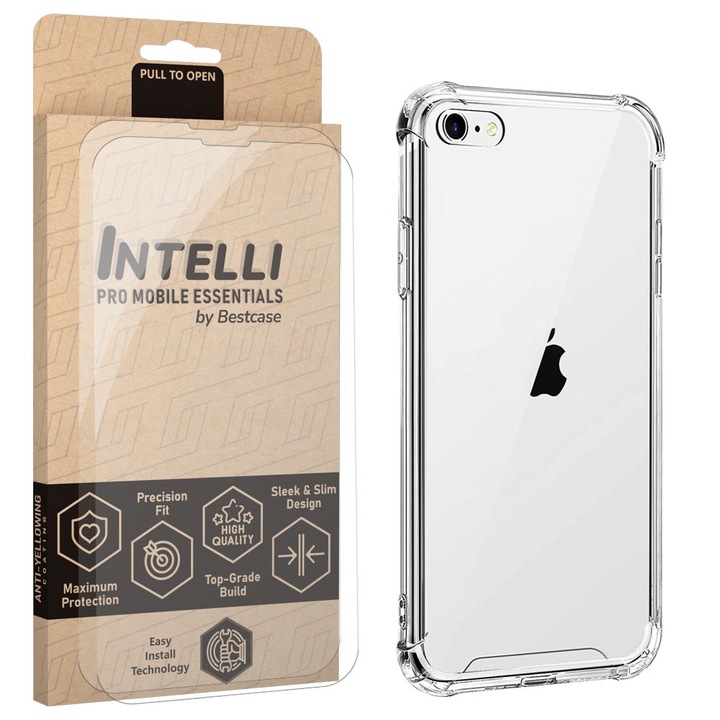 Intelli® Szett tok és 2x üvegfólia Apple iPhone SE 3 / iPhone SE 2 / iPhone 8 / iPhone 7 készülékhez, Anti Shock 1.5mm, 360°-os hátlap + képernyő védelem, Megerősített sarkok, Átlátszó