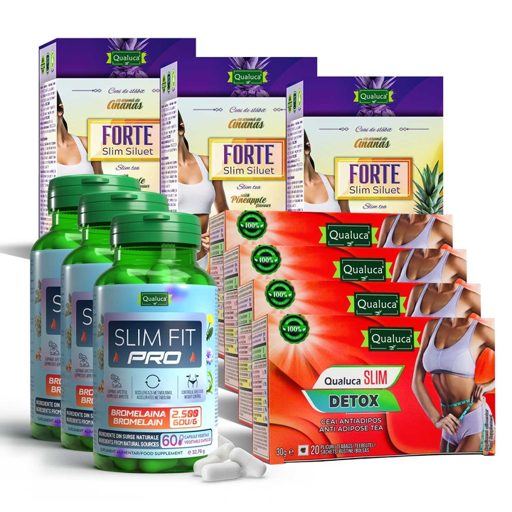 Qualuca Complex de slabit 90 zile, 180 pastile de slabit Slim Fit PRO cu Bromelaina 2500 GDU/g + 90 plicuri Slim Siluet FORTE + 80 plicuri Slim Detox, ingrediente naturale, capsule vegetale