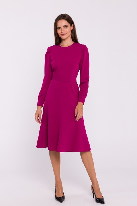 Rochie cu maneci lungi si curea in talie Stylove, Violet pruna, S