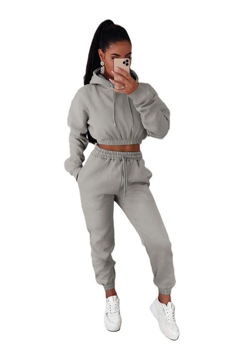 Trening Dama, Comfy, Hanorac Cu Gluga Si Pantaloni, Bumaqsqsqac, Gri
