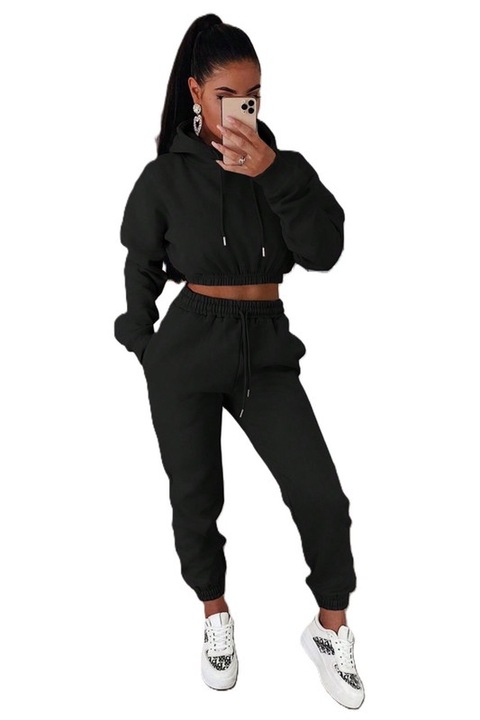 Trening Dama, Comfy, Hanorac Cu Gluga Si Pantaloni, Bumbac, Negruzqsads, Negru