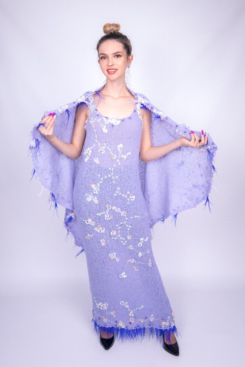 Уникален комплект, светло лилава рокля и наметало, ръчно плетени и аксесоари, UNIQUE, ONE SIZE