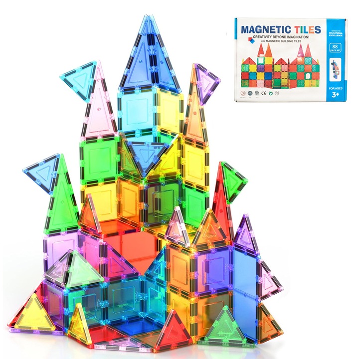 Конструктор с магнитна дъска, Wacorresi, Магнитен конструктор от 88 части, образователни играчки за деца, множество творчески възможности за изграждане, развитие на двигателните умения и въображението, 3 години +, многоцветен