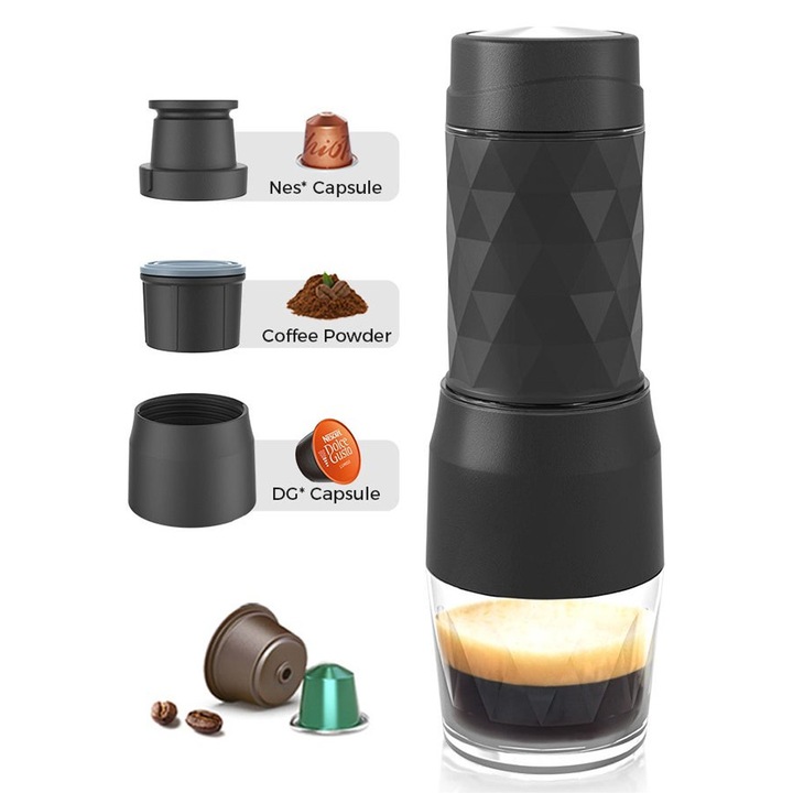 Espressor portabil 3 in 1, Mini aparat de cafea cu capsule actionat manual, 120 ML, 18 bare, presa de mana, perfect pentru camping, afaceri, drumetii, birou, WALALLA, Negru mat