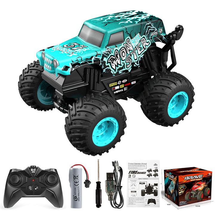Masinuta Monster Truck, 1:20, cu telecomanda 2.4GHz, lumini si muzica, T200 Cyan