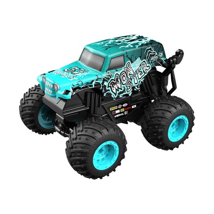 Távirányítós autó újratölthető akkumulátorral, 2,4 GHz-es All Terrain Wrangler Monster Truck, terepjáró zenével, 3 fényeffektus, 360 fokos mutatványokra képes, játékajándék fiúknak és lányoknak, ciánkék