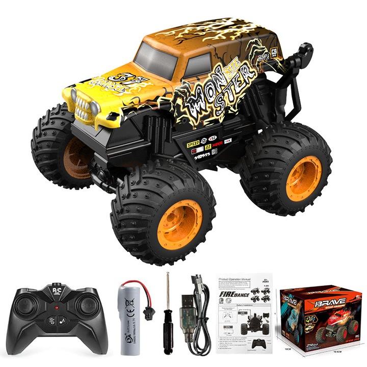 Monster Truck kisautó, 1:20, sárga, fénnyel és zenével, távirányítós kisautó szett