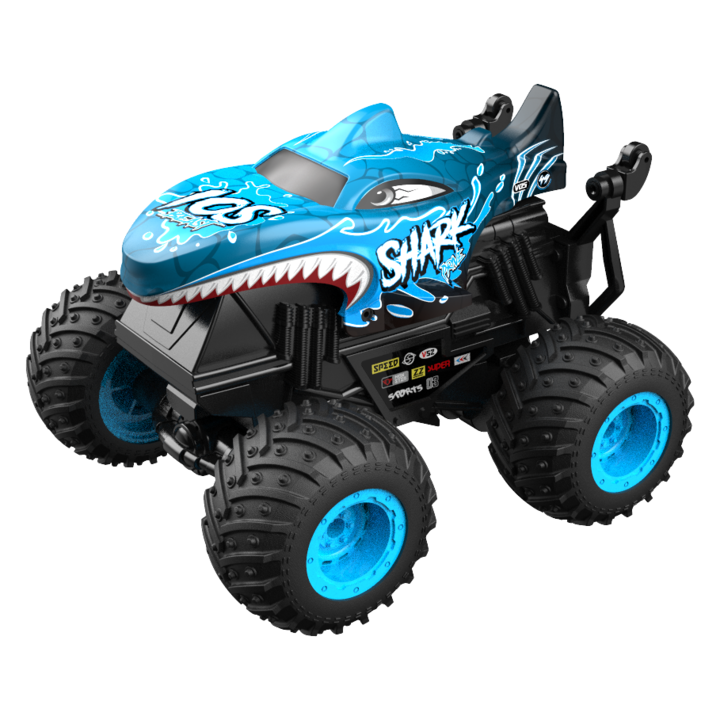 Masina cu telecomanda cu baterie reincarcabila, 2,4 Ghz Jucarii pentru toate terenurile Camion Monstru rechin, Vehicul de teren cu muzica, 3 efecte de iluminare, Capabil de cascadorii la 360 de grade, albastru