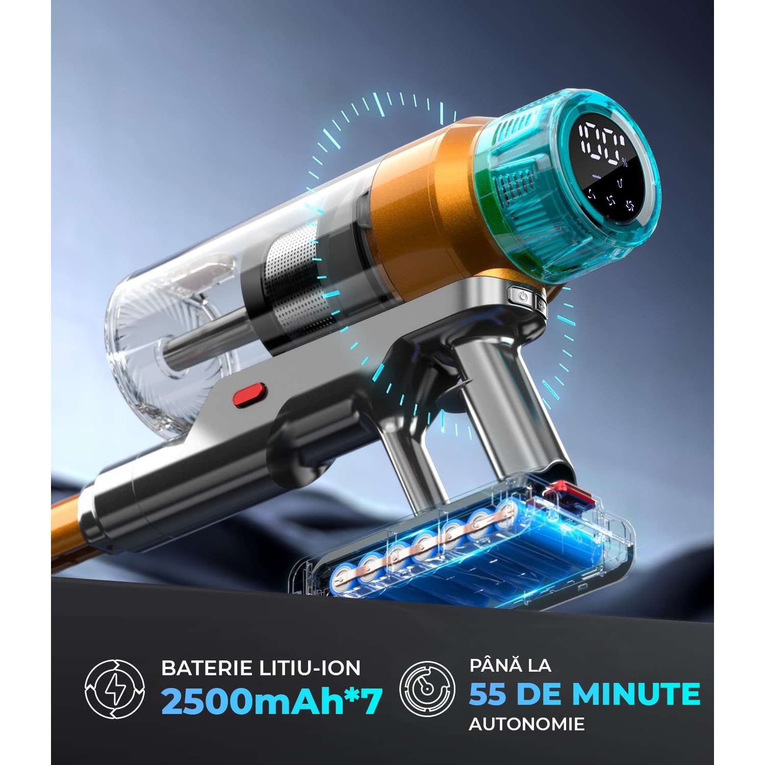 Aspirator Vertical Fara Fir OVELY 600W, 55Kpa, Autonomie pana la 60 de minute, Ecran OLED Color, Sistem Anti-Incalzire, Montare pe Perete, Ideal pentru Podele Dure, Covoare, Masina, Par de Animale
