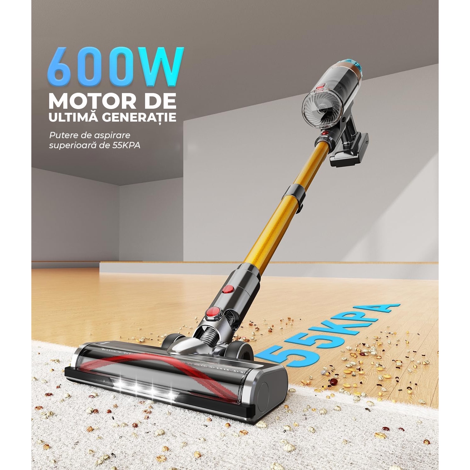 Aspirator Vertical Fara Fir OVELY 600W, 55Kpa, Autonomie pana la 60 de minute, Ecran OLED Color, Sistem Anti-Incalzire, Montare pe Perete, Ideal pentru Podele Dure, Covoare, Masina, Par de Animale