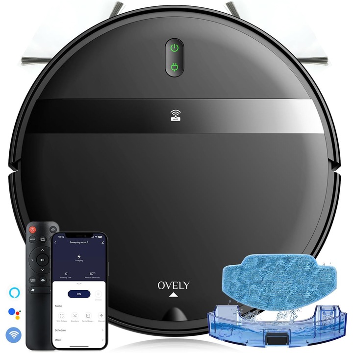 OVELY Robot Aspirator si Mop 3 in 1, Putere de Aspirare 3000Pa, Control prin Wi-Fi/Aplicatie si Alexa, Auto-incarcare, Autonomie 120 Min, pentru Podele Dure, Par de Animale si Covor cu Perie, Design Subtire si Silentios
