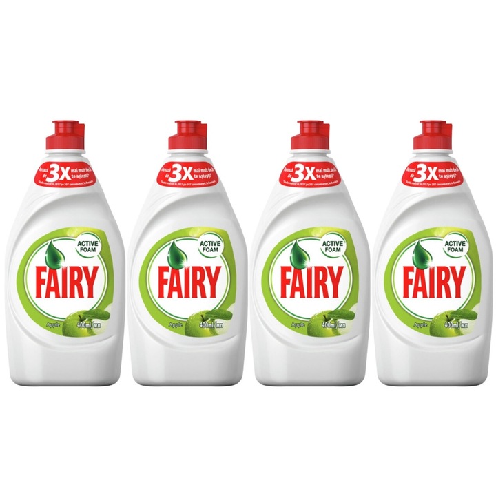 Set 4 x Fairy Detergent Vase Lichid 400ml Apple, clean aroma, parfum floral, distruge calcarul, rapid si eficient, testat dermatologic, prospetime de lunga durata, eficacitate maxima, continut generos, elimina mirosuri neplacute