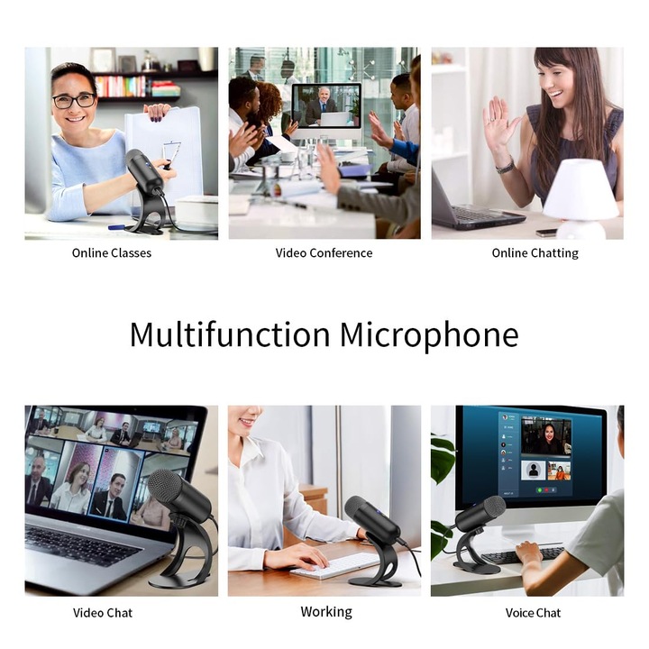 Microfon USB HNSMART, condensator, negru, metal, cu buton de mute, pentru PC, laptop, Mac