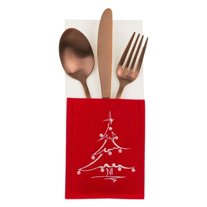 Husa Tacamuri Craciun Din Pasla Model Brad Brodat Rosu Alb 10x23cm Decor Masa Festiv