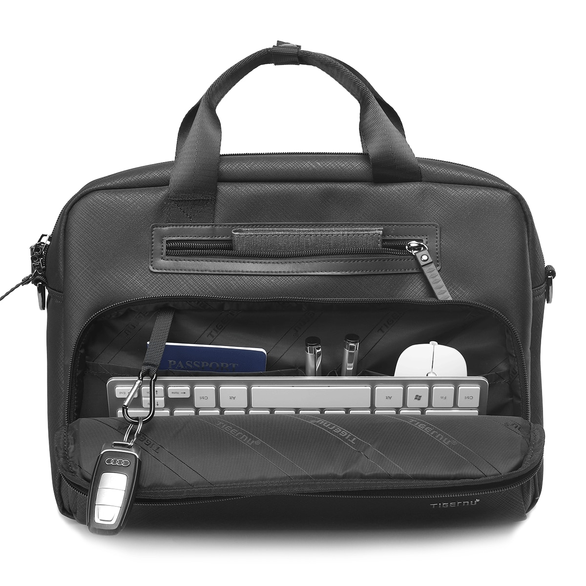 Geanta laptop 14.1" pentru afaceri, material impermeabil antisifonare, Tigernu, 38x10x28 cm, Neagra