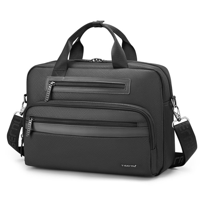 Geanta laptop 14.1" pentru afaceri, material impermeabil antisifonare, Tigernu, 38x10x28 cm, Neagra