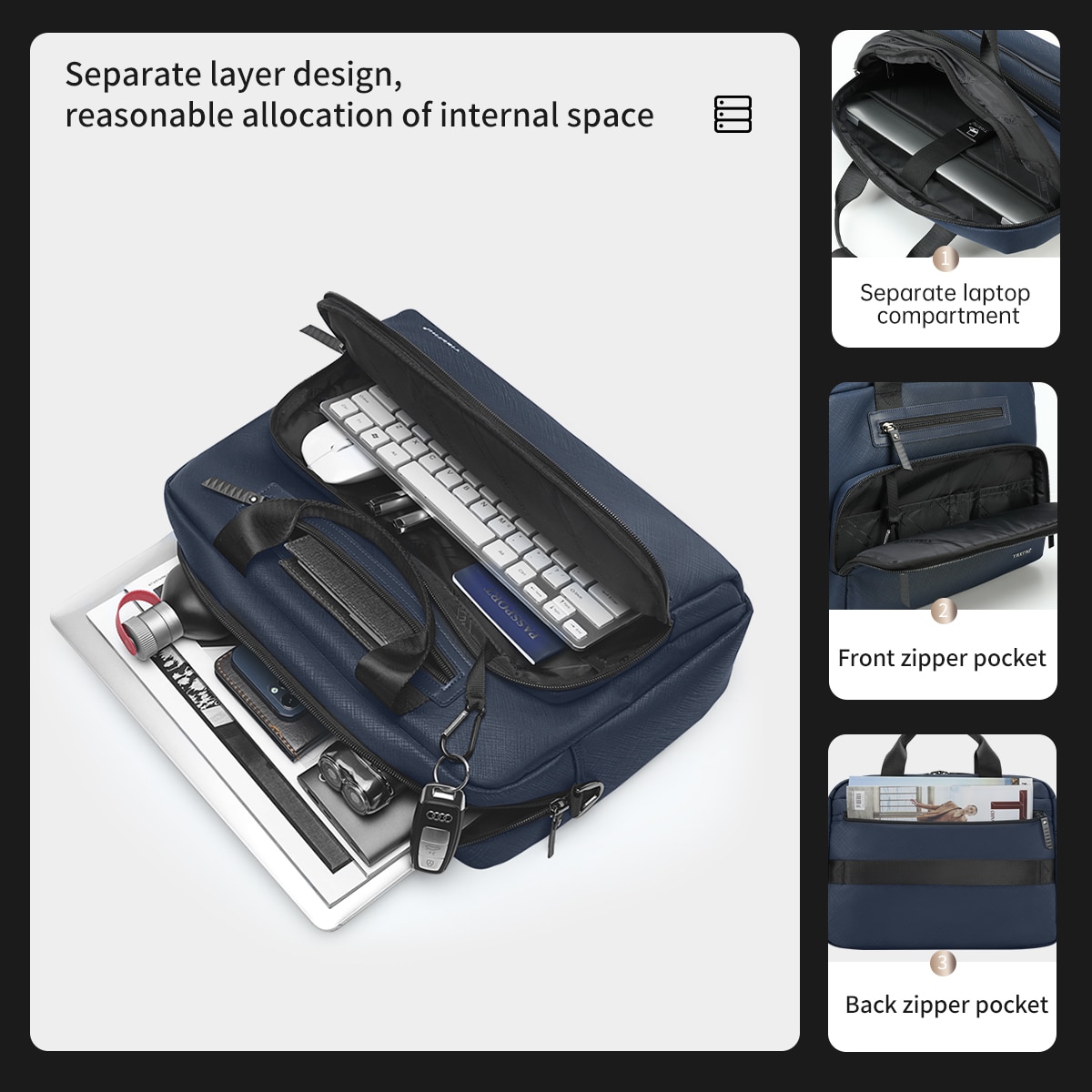 Geanta laptop 14.1" pentru afaceri, material impermeabil antisifonare, Tigernu, 38x10x28 cm, Albastra