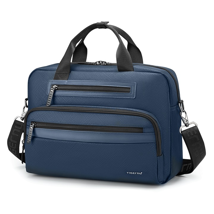 Geanta laptop 14.1" pentru afaceri, material impermeabil antisifonare, Tigernu, 38x10x28 cm, Albastra
