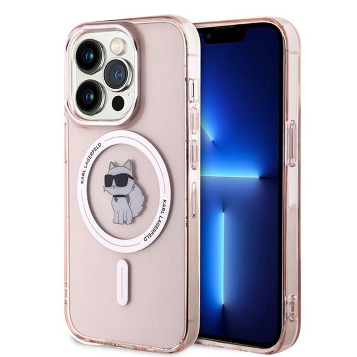 Husa de protectie Karl Largerferd compatibila cu Apple iPhone 14 Pro, IML MagSafe, margine ridicata camera, silicon, model Pink Choupette, Roz-Transparent