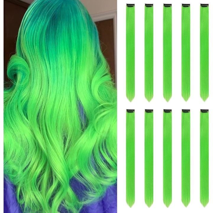 10 bucati Placi de indreptat pentru extensii de par colorate de 22 inch, extensii de par colorate, pentru petreceri, cu clipsare, extensii de par lung, sintetice, pentru fete, femei, copii, cadouri de Craciun de Anul Nou (verde)