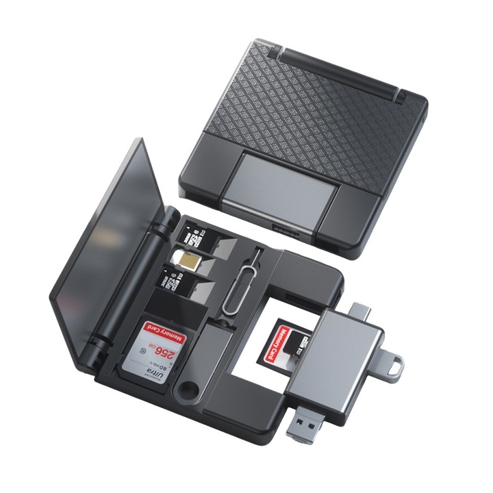 Cititor de carduri cu cutie de depozitare, patru mufe + card SD de citire + card TF + disc U, Fudisenn®, compatibil cu notebook-uri, Android, Apple si camere, plug and play, gri argintiu