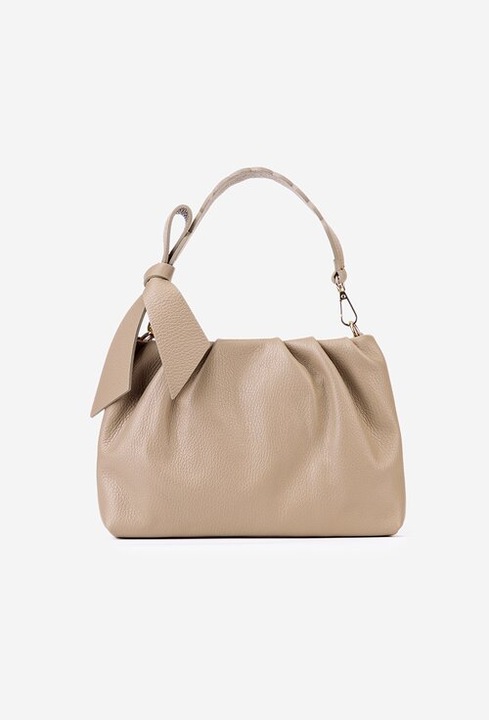Poseta taupe din piele texturata cu ornament funda