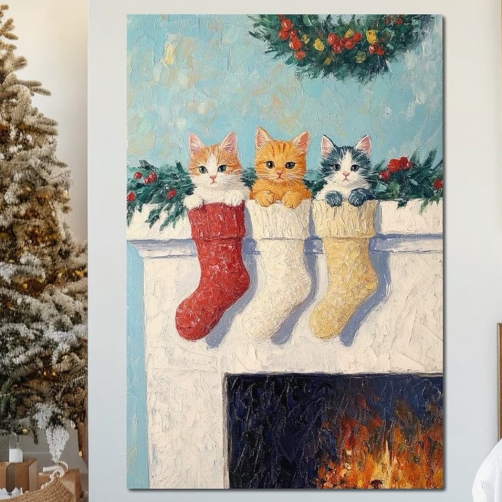 Премиум картина върху платно, LuxCanva® D1022, В очакване на Дядо Коледа, 100 X 135 СМ, 100% памучно платно 400 г/м2, дървена рамка, Котенца, Чорапи, Камина, Чакане, Подаръци, Хол, Ярки цветове