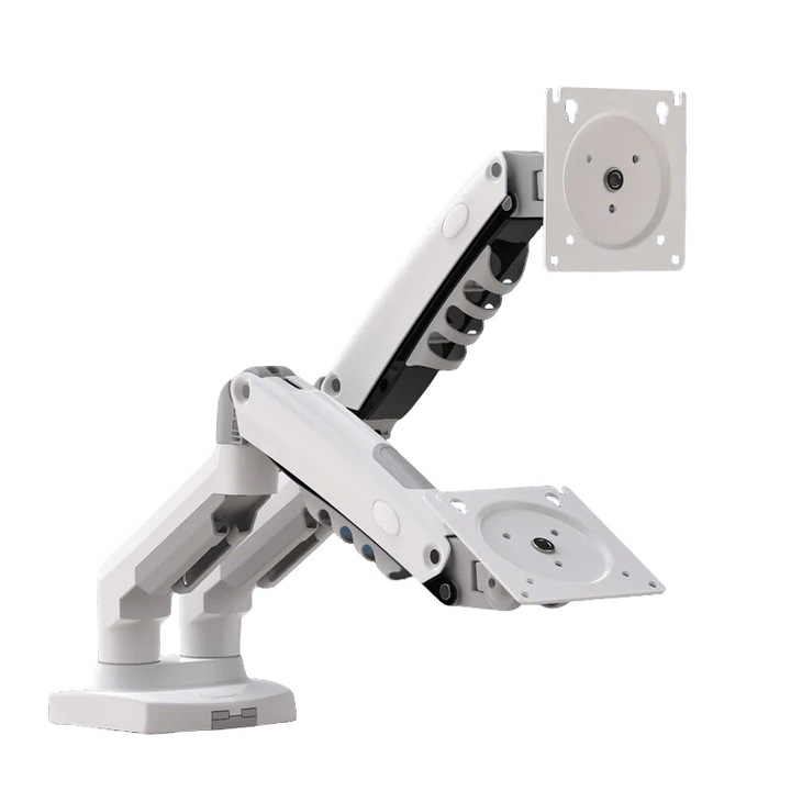 Suport monitor, suporta 2 dispozitive 17-27 inch, brate reglabile, Fudisenn®, distanta de ridicare 140-400MM, suporta 9kg, birou stil simplu, joc, fixat cu cleme/suruburi pe blat, alb