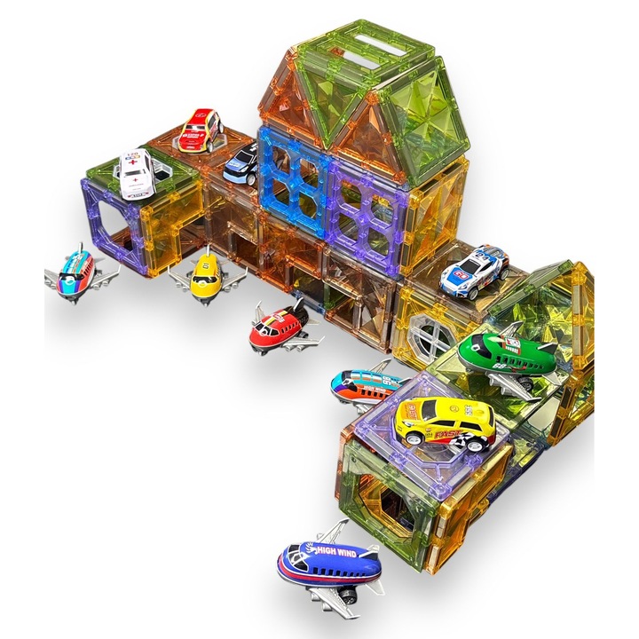 Set de Constructie Magnetic 3D, 97 Piese, Masinute si Avioane Magnetice, Diferite Forme, Abtibilduri