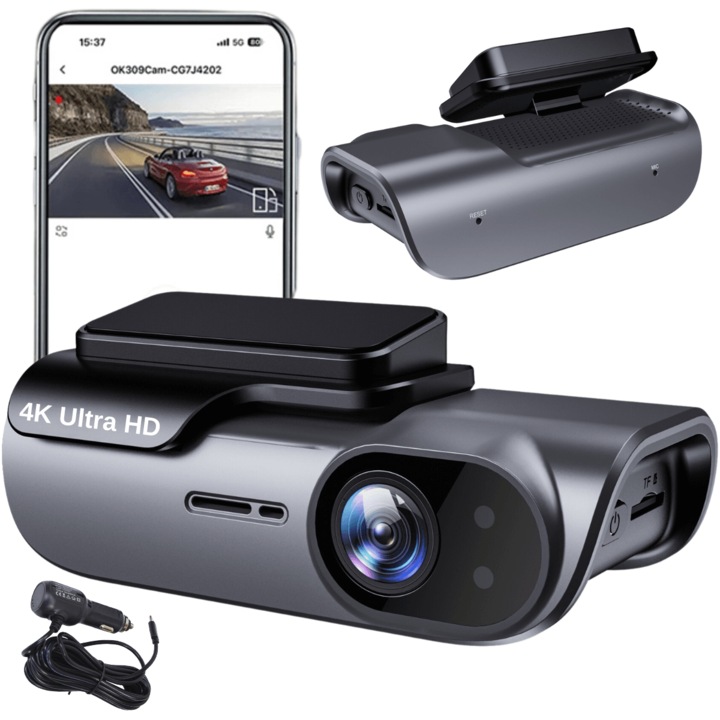 Видеорегистратор MOGODA, Smart WiFi 4K 170° заснемане, 3840x2160 4K UHD резолюция, нощно виждане, G-сензор, Sony Starvis процесор, WDR, приложение Viidure, графит