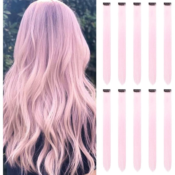 10 bucati Placi de indreptat pentru extensii de par colorate de 22 inch, extensii de par colorate, pentru petreceri, cu clipsare, extensii de par lung, sintetice, pentru fete, femei, copii, cadouri de Craciun de Anul Nou (roz)