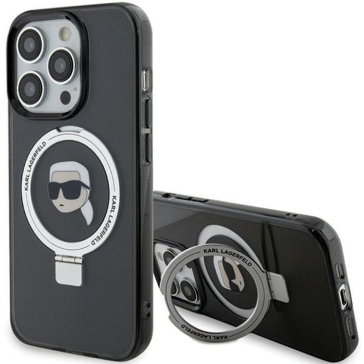 Защитен калъф Karl Lagerfeld за iPhone 15 Pro Max, TPU, със стойка, черен
