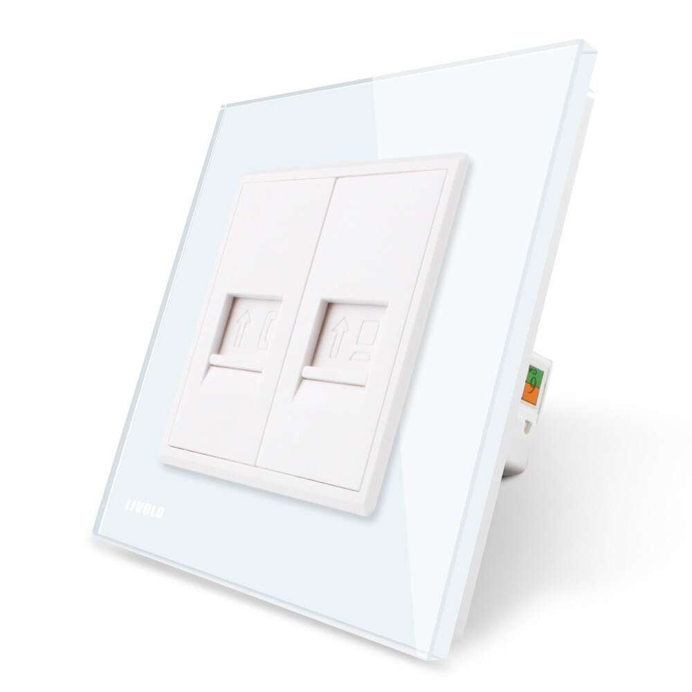 Priza dubla Telefon + Priza internet Livolo cu rama din sticla, Alb