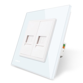 Priza dubla Telefon + Priza internet Livolo cu rama din sticla, Alb Priza dubla Telefon + Priza internet Livolo cu rama din sticla, Alb